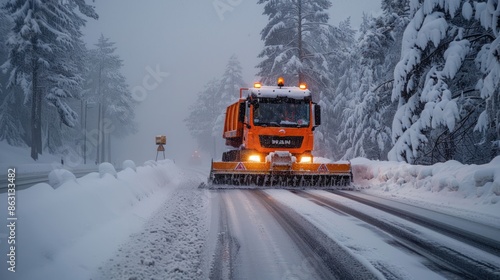 A snow plow is driving down a snowy road
