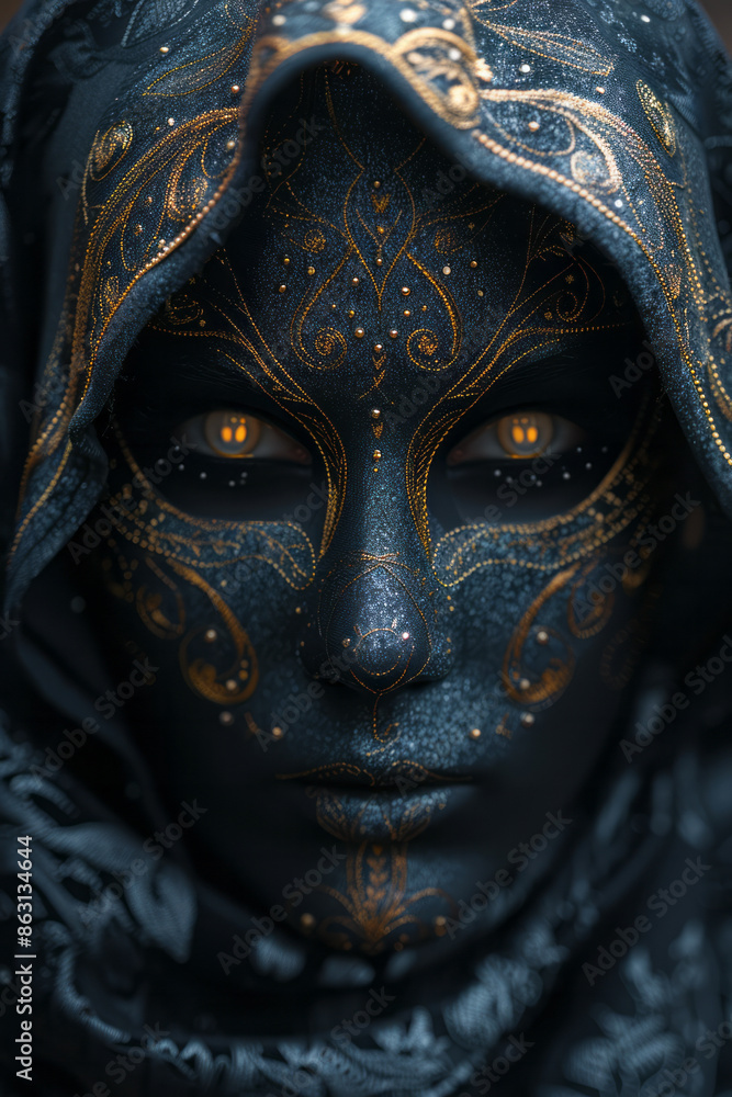 Dark mask with intricate designs, concealing the identity of a villain,