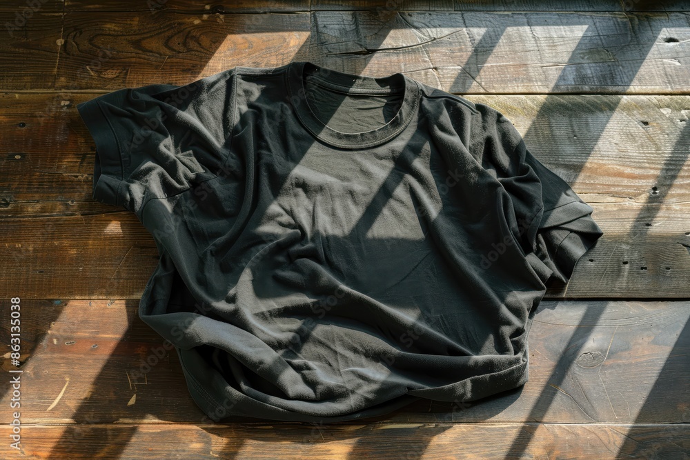Black T-Shirt on Wooden Background.