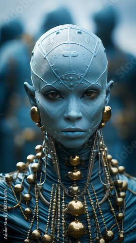 Close-up of a blue-skinned alien figure with gold jewelry showcasing a futuristic and otherworldly appearance