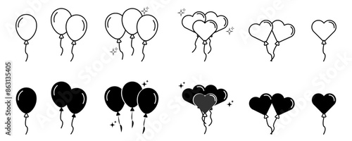 Balloon thin line icon set. Balloons decoration for event, festival, birthday, anniversary, party, celebration, carnival.