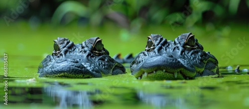 Two alligators are swimming in a green pond. The water is murky and the alligators are looking at the camera photo