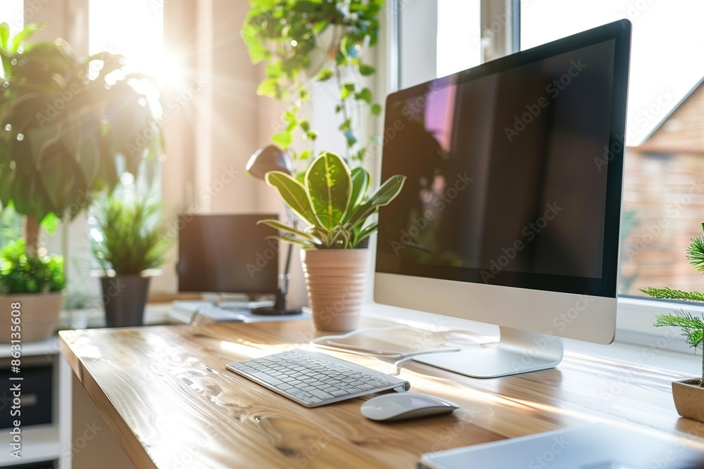 Modern home office with a computer, keyboard, and potted plants on a wooden desk near a large window Modern home office with a computer, keyboard, and potted plants on a wooden desk near a large window