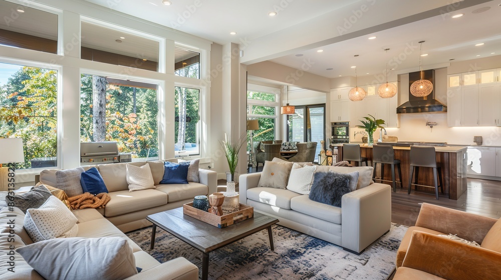 Modern open-concept living room and kitchen with white furniture and wooden accents Modern open-concept living room and kitchen with white furniture and wooden accents