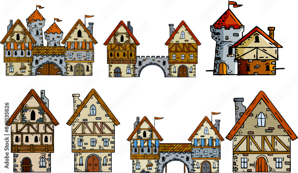 Fototapeta premium Medieval house. Village building. Old house with chimney. Sketch image of vintage european street. Cartoon retro illustration