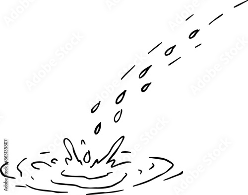 Water splashing sketch style. Doodle flowing drop. Fresh drink in motion. Fluid hand drowning image isolated on white. Liquid aqua splash