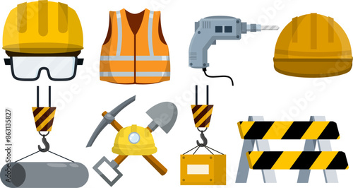 Industrial object - Yellow helmet worker, Safety glasses Builder. Cartoon flat illustration. Repair and engineering works. Clothing for safety of production. Industrial object