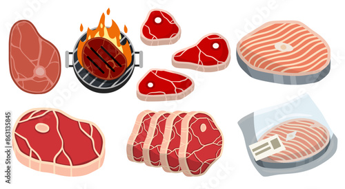 Steak and barbecue, Piece of red salmon fish meat with pink stripe. Food for Cooking sushi. Set of Raw Seafood. Cut off part. Kitchen and meal element. Cartoon illustration