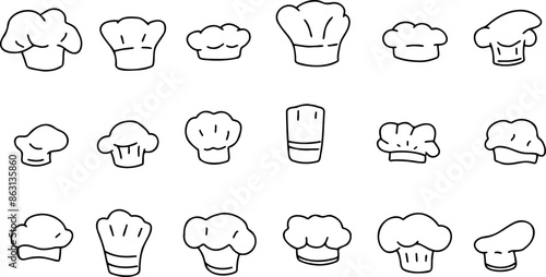 Chef hat, cook uniform. Drawing kitchen bakery cooker cap. Sketch italian culinary. Restaurant white uniform. Set of cooking cloth.