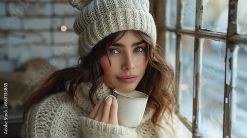 Romantic Dreaming Hipster Girl in Knitted Sweater and Beanie Hat with a Mug in Hands at White Brick Wall Background. Winter Warming Up Concept