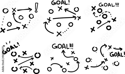 Sports tactics and strategy. Scheme of movement of team player. Combination of crosses and circles with path arrows