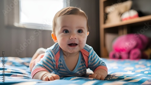 Mother and Baby Moments: Capturing Pure Joy, Captivating Infant Smile in a Warm Home Setting, Happy Baby Moments in Natural Lighting: Perfect for Family.