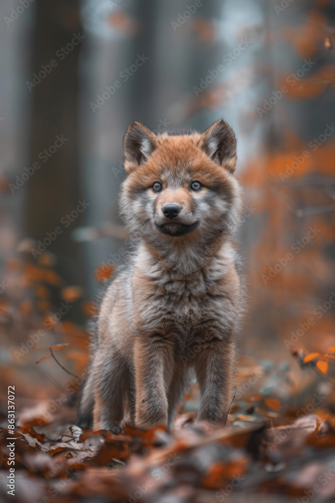 Fototapeta premium Young wolf pups exploring the forest, with curious eyes and fluffy fur,