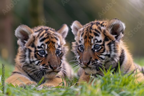 Baby tiger cubs playing in the grass, showcasing their adorable and playful nature,