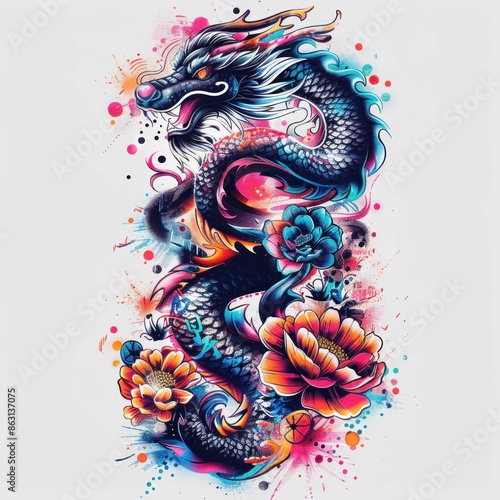 Wallpaper Mural Colorful Dragon Tattoo Art with Floral Elements. Generative ai. Torontodigital.ca