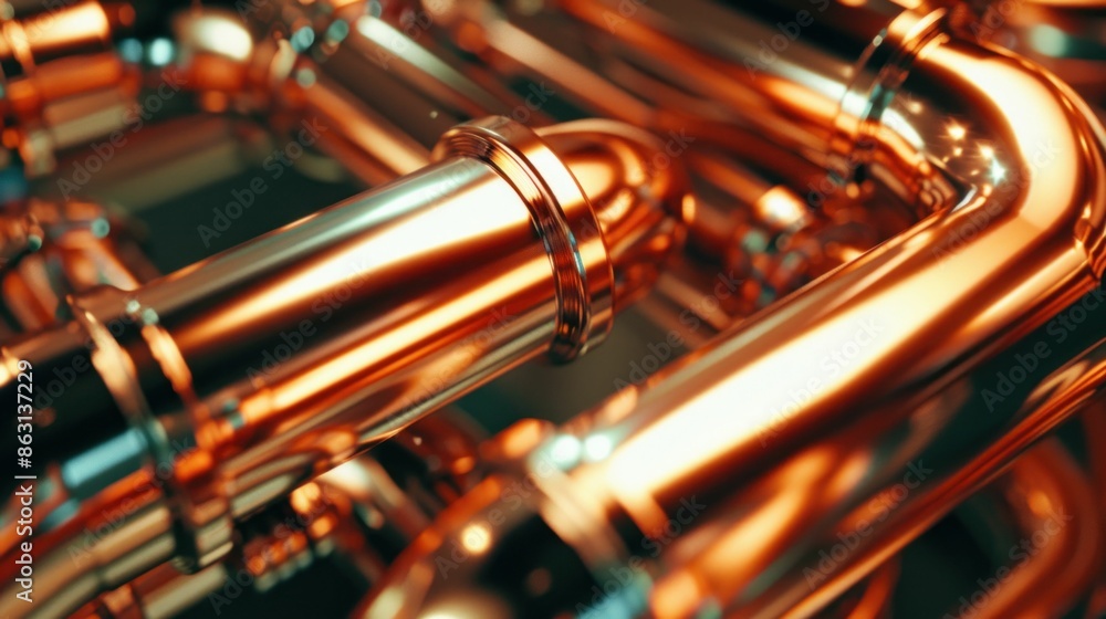 Naklejka premium Close-up of Shiny Copper Pipes with Elbows. Generative ai.