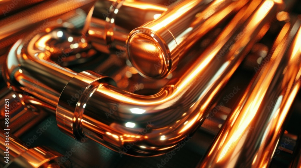 Naklejka premium Close-up of Shiny Copper Pipes with Elbows. Generative ai.