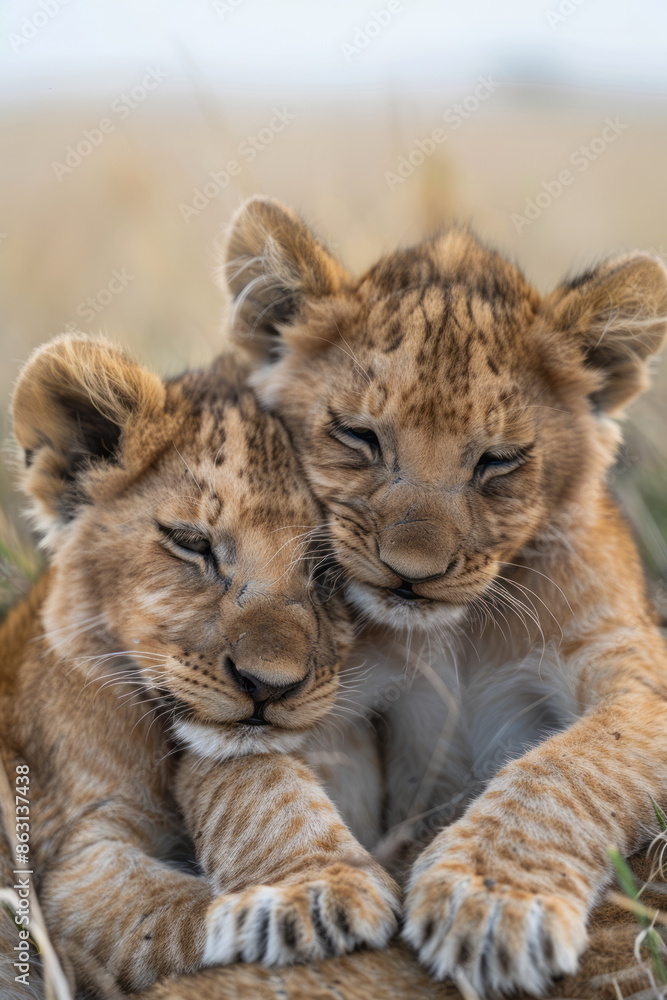 Young lion cubs playing with each other in the savannah, Young lion cubs playing with each other in the savannah,