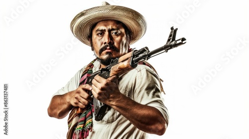 Traditional Mexican Revolutionary with Rifle. Generative ai photo