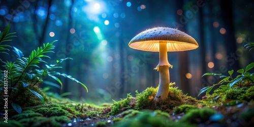 Glowing mushroom in the jungle at night , bioluminescent, tropical, rainforest, fungus, plant, nature, dark photo