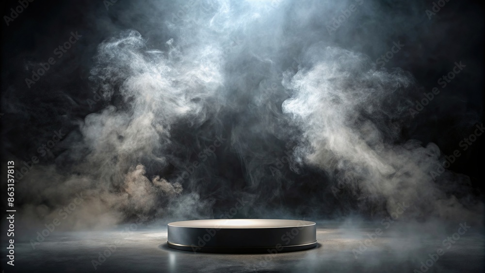 Empty dark podium with dramatic smoke background, perfect for product display or presentation , podium, black, dark, smoke