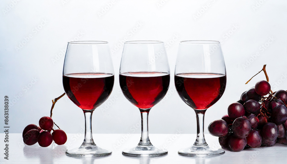 Three glasses filled with red wine placed in a side-by-side arrangement on a clean, white background, perfect for illustrating wine tasting or dining concepts. Three glasses filled with red wine placed in a side-by-side arrangement on a clean, white background, perfect for illustrating wine tasting or dining concepts.