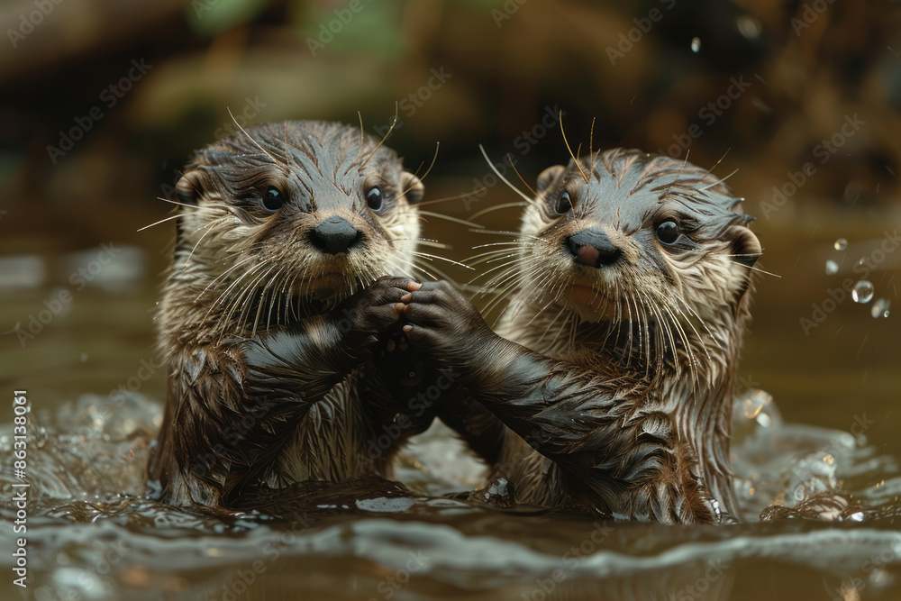 Little otter pups playing in the water, holding hands while they float, Little otter pups playing in the water, holding hands while they float,