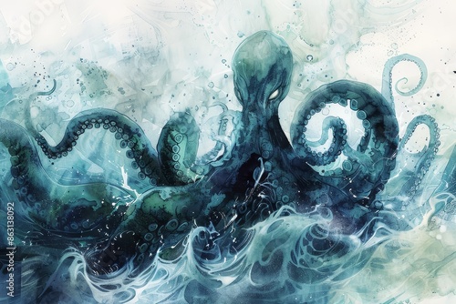 Mythical Cthulhu creature with tentacles rising from a serene,moody watercolor ocean scene,surrounded by an ethereal,otherworldly white abyss. A visually striking,conceptual and imaginative digital photo