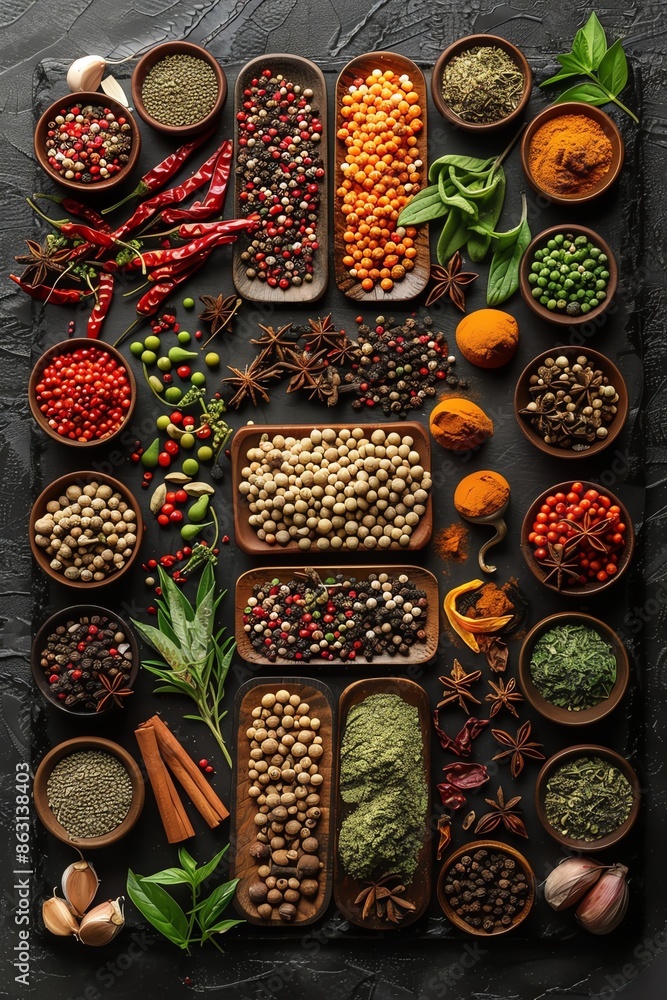 A diverse array of spices and herbs arranged on a dark, textured surface for culinary use A diverse array of spices and herbs arranged on a dark, textured surface for culinary use