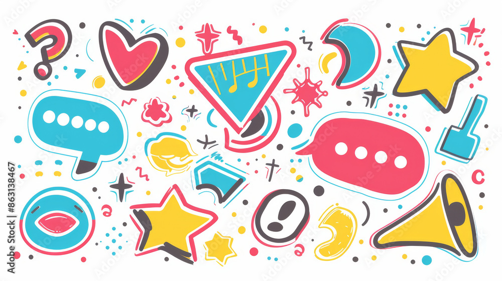 Fun 80s-style speech bubbles with bright colors, shapes, and symbols. Perfect for adding a touch of retro to your designs. Fun 80s-style speech bubbles with bright colors, shapes, and symbols. Perfect for adding a touch of retro to your designs.