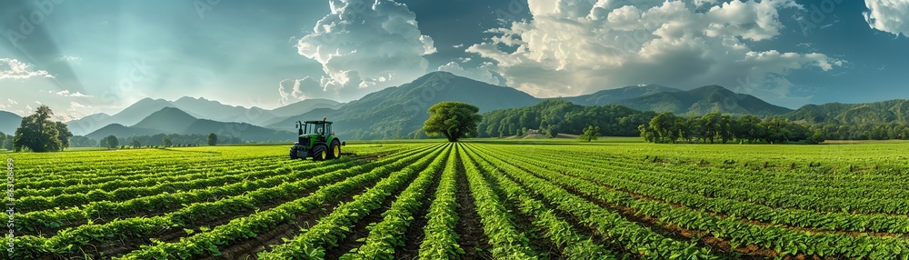 A panoramic view of vibrant green agricultural fields with a tractor under a mountainous skyline A panoramic view of vibrant green agricultural fields with a tractor under a mountainous skyline