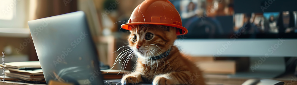 Cat wearing a hard hat, using a laptop, humorous work scene Cat wearing a hard hat, using a laptop, humorous work scene