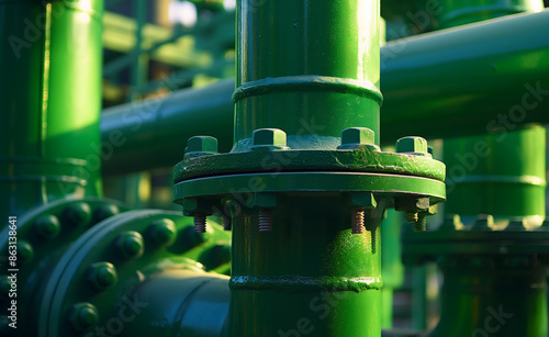 Industrial plant with green pipes and bright sunlight.