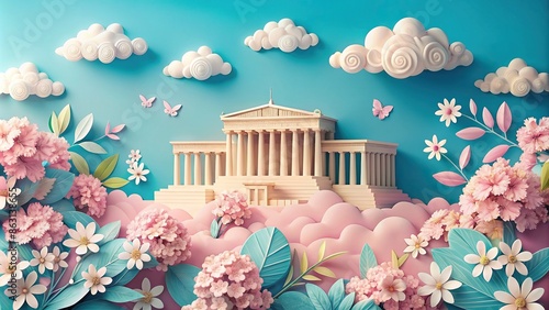 Serene Kirigami interpretation of the Acropolis in harmonious colors with clouds and blooms, Acropolis photo