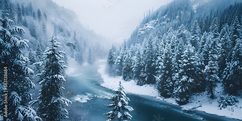 Winter river in the mountains in the forest photo