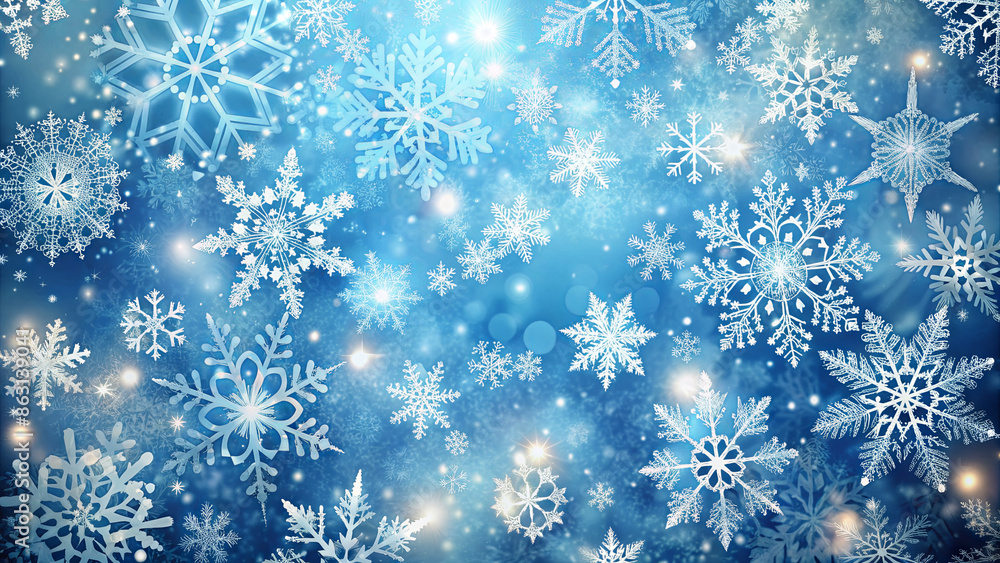 A blue background with white snowflakes falling and sparkling lights A blue background with white snowflakes falling and sparkling lights