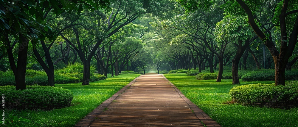 Obraz premium Treelined pathway, lush green park, serene and peaceful