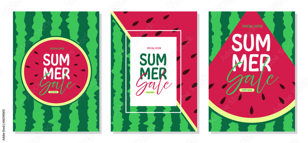Set of empty templates with summer themes on a watermelon background. Design of advertising banners. Vector illustrations for websites and mobile websites, email design, posters, promotional materials