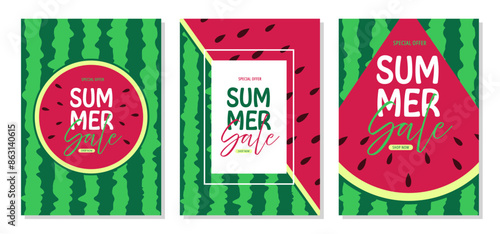 Set of empty templates with summer themes on a watermelon background. Design of advertising banners. Vector illustrations for websites and mobile websites, email design, posters, promotional materials photo