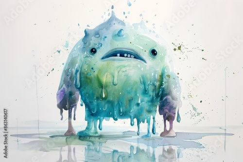 Surreal and imaginative scene of a shapeshifting slime monster with gooey,vibrant watercolor drips and splashes on a clean,minimalist white floor. Abstract. photo