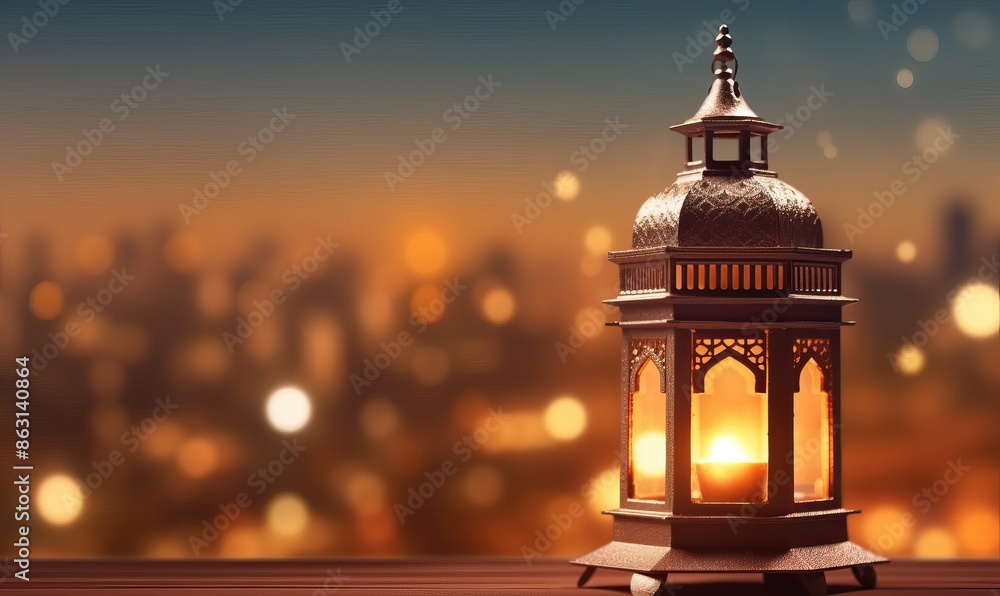 Beautifully Lit Traditional Lantern with City Lights Bokeh in Background Beautifully Lit Traditional Lantern with City Lights Bokeh in Background