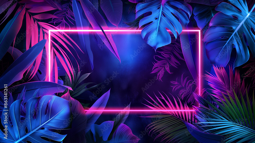 Neon-framed tropical leaves with a dark background.
Neon-framed tropical leaves with a dark background.