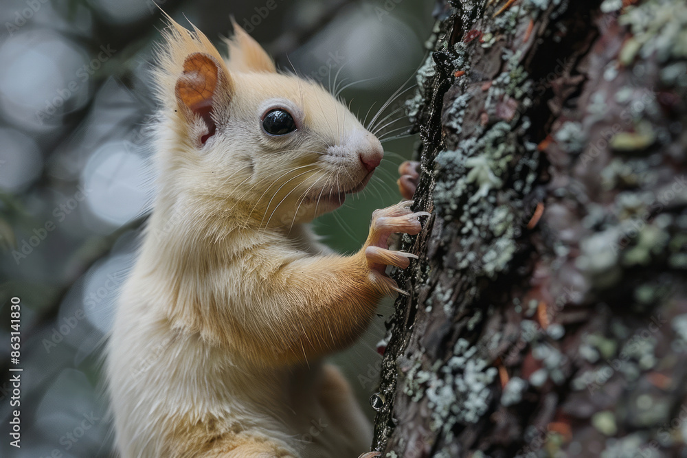 Obraz premium Albino squirrel climbing a tree in a dense forest,