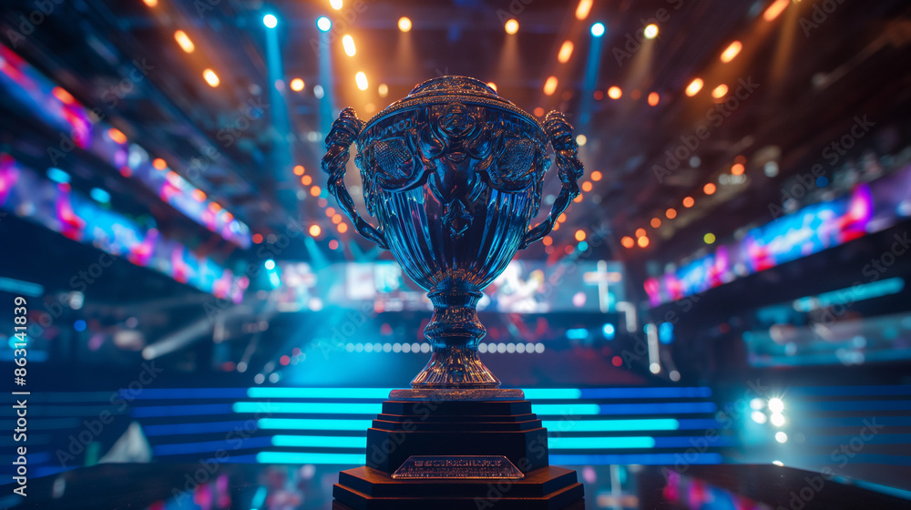 Trophy cup in a futuristic gaming arena with vibrant neon lights. Trophy cup in a futuristic gaming arena with vibrant neon lights.
