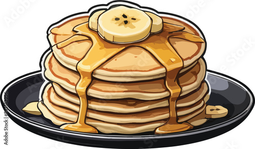 Banana pancakes cartoon sticker style vector illustration