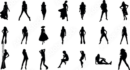 Model silhouette collection. Set of woman silhouettes. Collection of fashion woman model silhouette. Girls woman sexy posing set vector silhouette. Vector illustration