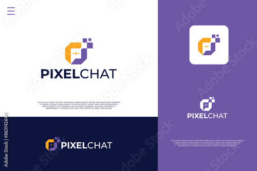 Pixel chat logo, letter P with bubble chat and digital concept logo combination