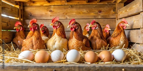 Galline in un pollaio che depone uova fresche , galline, pollaio, uova, deporre, fresche, agricoltura photo
