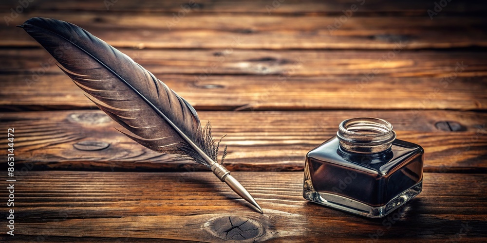 Quill pen with ink well on vintage wooden desk , vintage, quill, pen ...