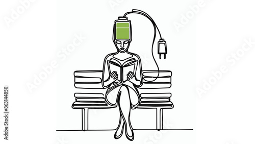 single line concept illustration of a woman reading a book